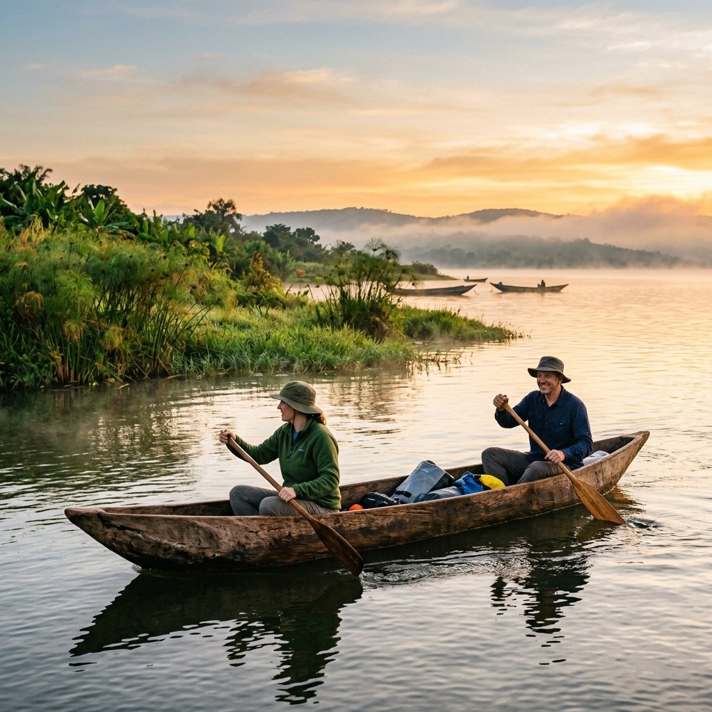 Guests kayaking on calm Lake Nabugabo at sunrise